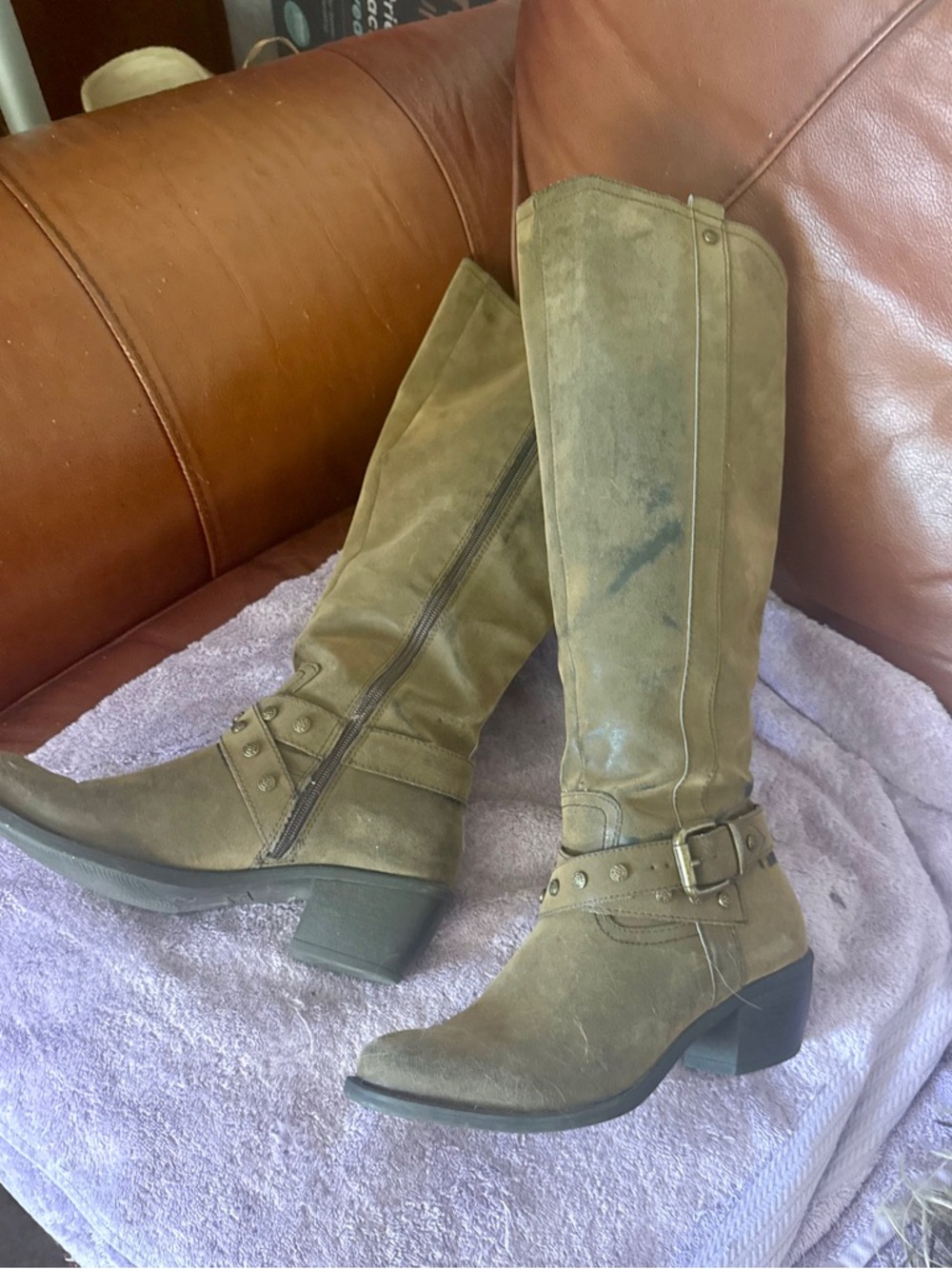 Knee-High faux distressed Suede Riding Boots with Buckle Strap - brown